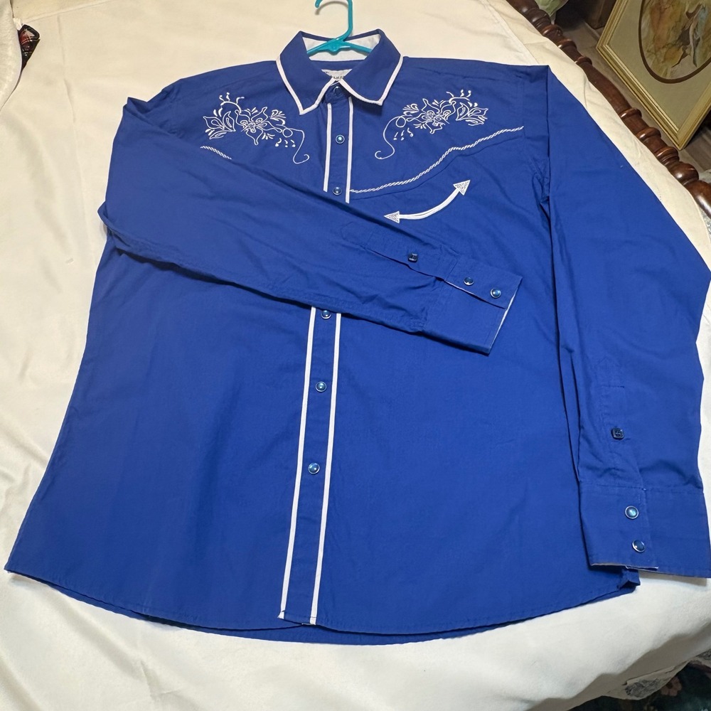Ace of Diamond USA Mens Blue Western Embroidered Pearl Snap Shirt Large